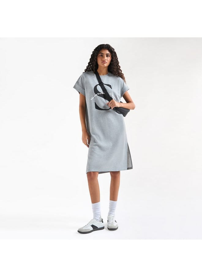 FAV - Printed T-shirt Dress with Extended Short Sleeves and Slit Detail - Image 1