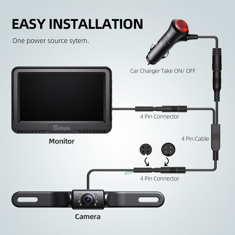 eRapta كاميرا احتياطية eRapta 4.3''HD 1080P مجموعة شاشة عرض أمامية وخلفية IP69 مقاومة للماء رؤية ليلية خطوط شبكة DIY للسيارات والشاحنات والمركبات الترفيهية والجرارات والحافلات والمقطورات وشاحنات البيك أب A43 - Image 3