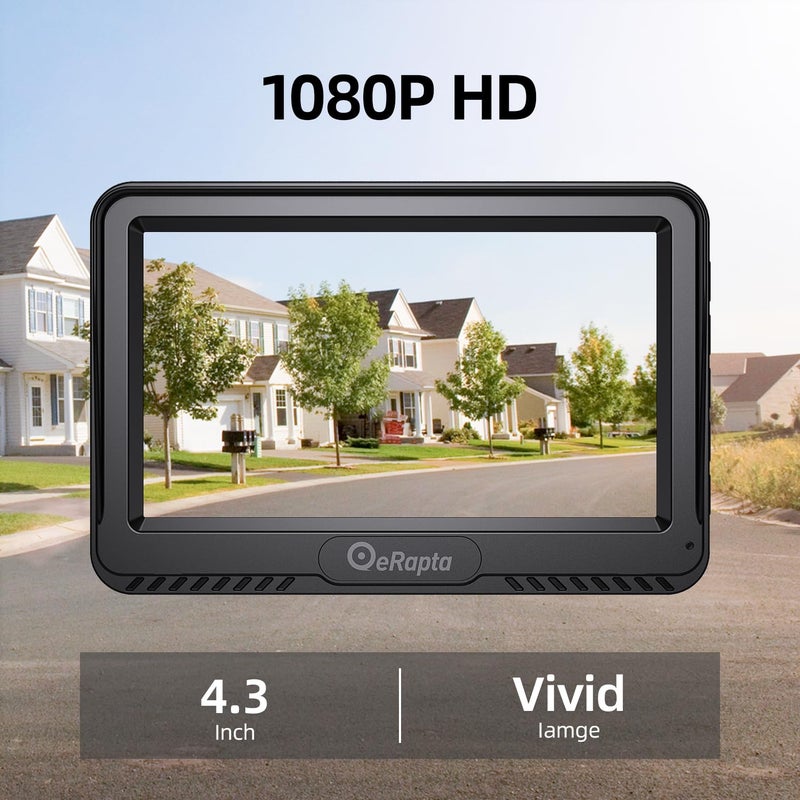 eRapta كاميرا احتياطية eRapta 4.3''HD 1080P مجموعة شاشة عرض أمامية وخلفية IP69 مقاومة للماء رؤية ليلية خطوط شبكة DIY للسيارات والشاحنات والمركبات الترفيهية والجرارات والحافلات والمقطورات وشاحنات البيك أب A43 - Image 2