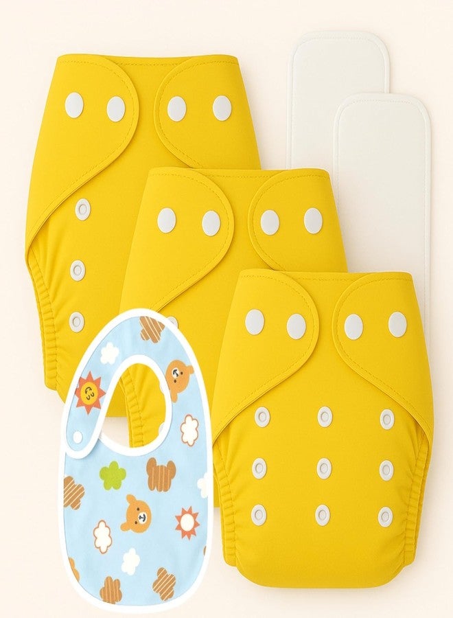 Kritiu Reusable Baby Cloth Diapers (0-3 Years) Pack of 3 with 2 Inserts & Bib | Leak-Proof & Adjustable | Washable Up to 300 Times | Waterproof, BPA-Free, Eco-Friendly, Anti Bacterial, Rashes Free Diapers for Babies & Toddlers (3-17 kg) (YELLOW) - Image 1