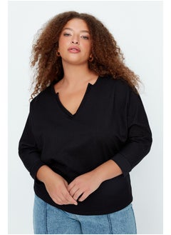 Black V-Neck Pleat Detail Knitted Thin Sweatshirt.