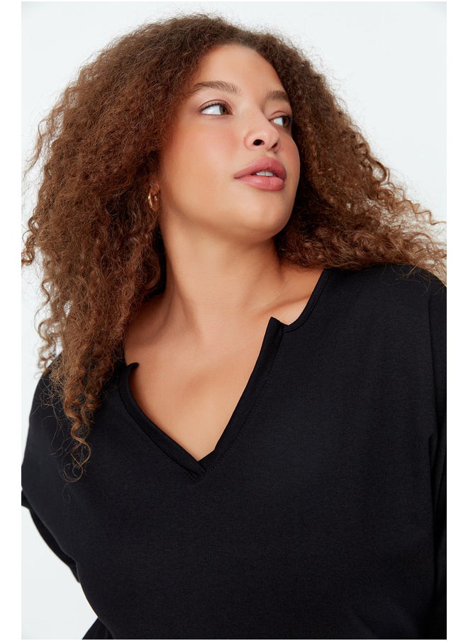 trendyol - Black V-Neck Pleat Detail Knitted Thin Sweatshirt. - Image 1