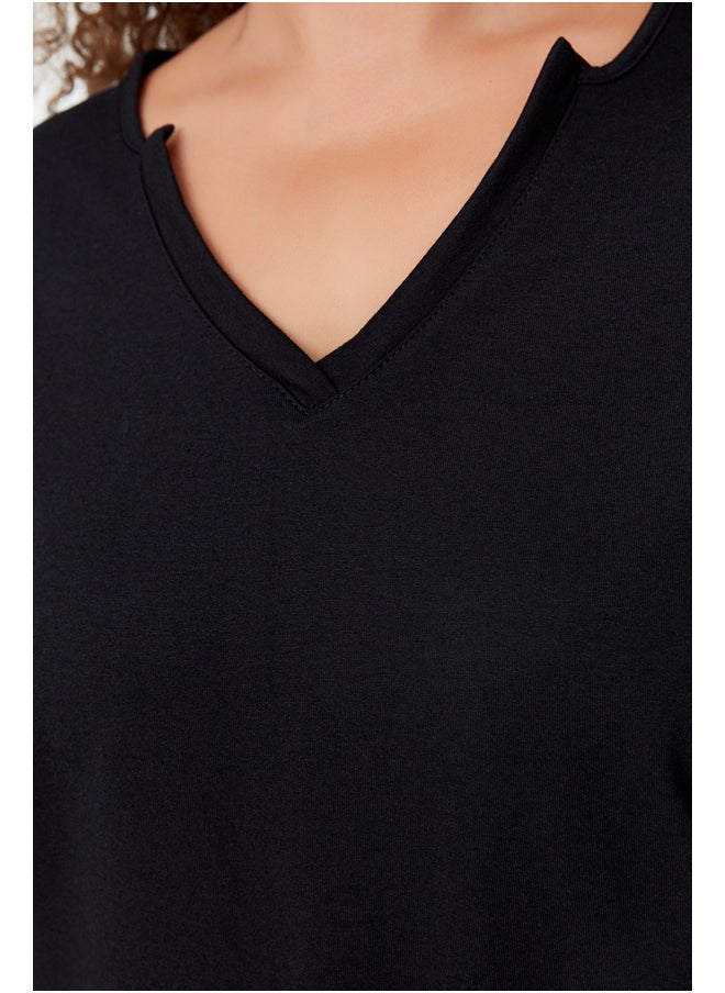 trendyol - Black V-Neck Pleat Detail Knitted Thin Sweatshirt. - Image 1