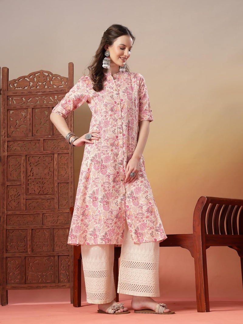 Stylum Women's Pink Floral Printed Rayon A-Line Kurta - Image 3