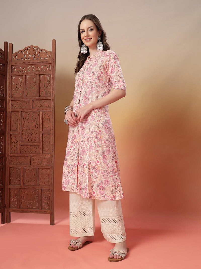Stylum Women's Pink Floral Printed Rayon A-Line Kurta - Image 5