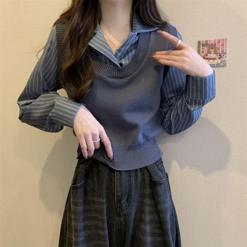 Elegant French Style Two-Piece Illusion Polo Collar Long Sleeve Knitted Top Womens Autumn New Model Slimming Socialite Styles Gray - Image 1
