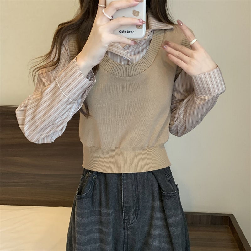 Elegant French Style Two-Piece Illusion Polo Collar Long Sleeve Knitted Top Womens Autumn New Model Slimming Socialite Styles Gray - Image 2