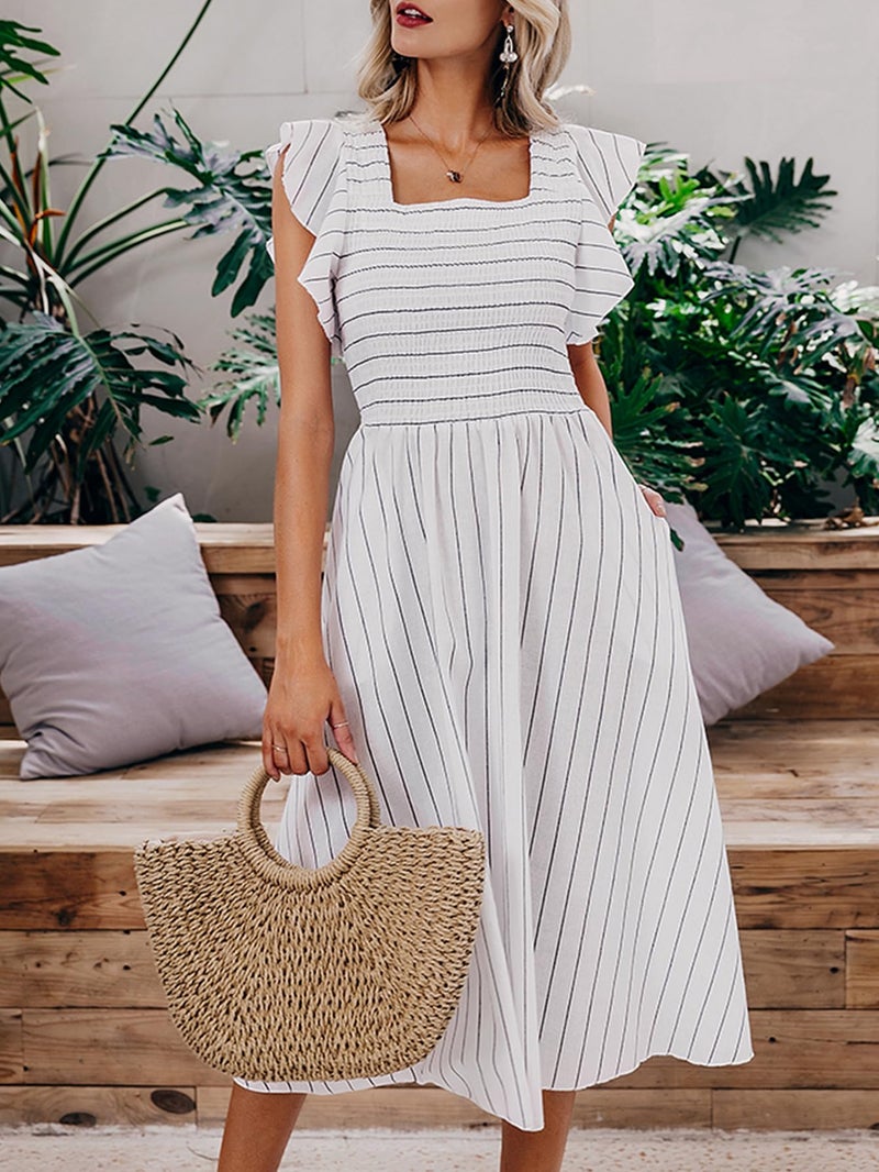Miessial Womens Summer Midi Smocked Dress 2025 Elegant Square Neck Striped Linen Materity Dress Boho Beach Wedding Guest Dresses with Pockets White,XS - Image 5