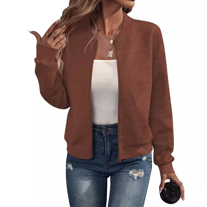 Amazon European and American Cross-border Export 2024 Autumn and Winter New Pure Color Zipper Jacket Baseball Collar Casual Long-sleeved Jacket Caramel color 