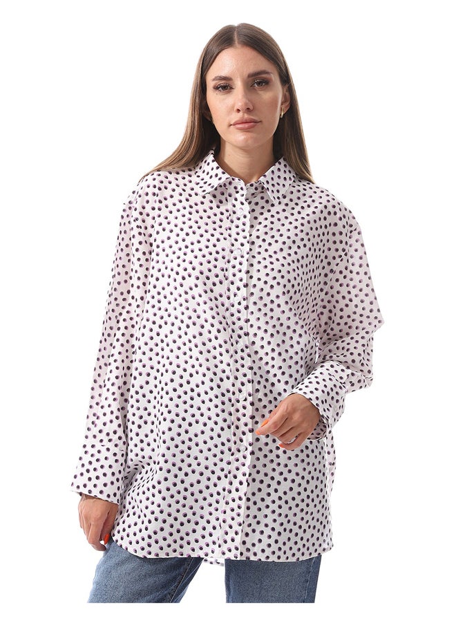 Andora - Dotted Self Pattern Long Sleeves Shirt _ White & Lavender - Image 1