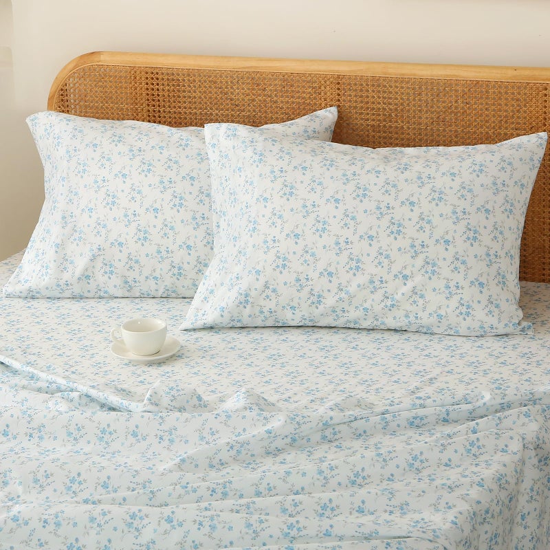 HYPREST Floral Sheets Queen  Blue Floral Pattern Soft Breathable Farmhouse 4pcs Bed Sheet Sets 18 inches Deep Pocket Sheets - Image 1