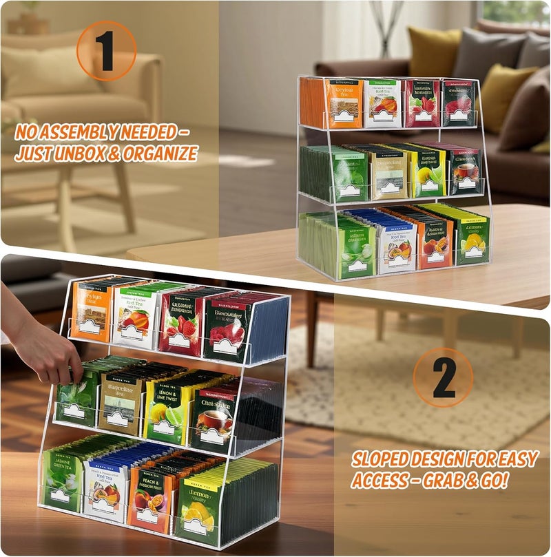 Krbnk Acrylic Tea Bag Organizer - 3 Tier Clear Tea Bag Holder & Storage Rack, Modern Tea Organizer for Countertop, Cabinet, No Assembly Required Tea Bar Accessories (Holds 200+ Tea Packets) - Image 4