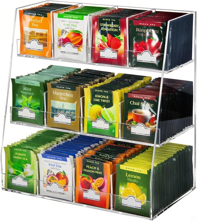 Krbnk Acrylic Tea Bag Organizer - 3 Tier Clear Tea Bag Holder & Storage Rack, Modern Tea Organizer for Countertop, Cabinet, No Assembly Required Tea Bar Accessories (Holds 200+ Tea Packets) - Image 1