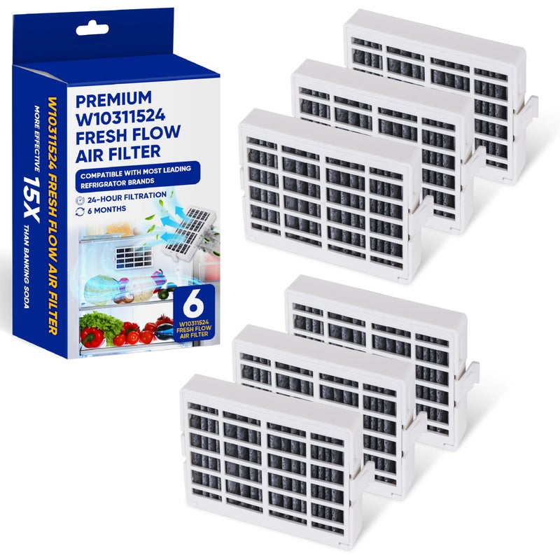 6 Pack W10311524 Refrigerator Air Filter Cartridge by Canamax For Whirlpool AIR1 Kenmore KitchenAid Maytag JennAir Fresh Flow Replaces W10315189 W10335147 2319308 1876318 AP4538127 AH2580853