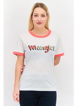 Women Crew Neck Short Sleeves Brand Logo T-Shirt, White