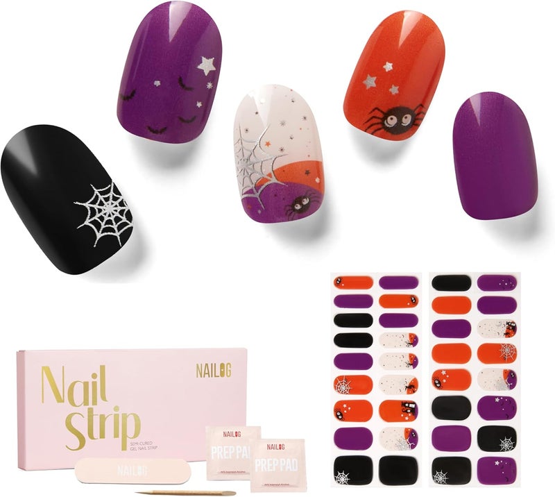 NAILOG Semi Cured Gel Nail Strips Halloween 34 pcs Gel Nail Stickers Long Lasting Wraps for Women with Soft Gel Finish Dark Moon Night