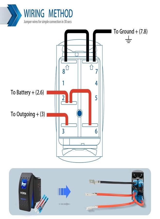 KEING Momentary Horn Button Waterproof Rocker Switch Toggle - ON/OFF Blue LED Light - 12V 20Amp 24V 10Amp, 5 Pin For Automotive Cars Vehicles Marine Boats Trucks Trailers 4x4 Caravans RVs SUV ATV UTV & More - Image 4