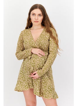 Maternity Cheetah Print Wrap Ruffle Long Sleeve Mini Dress, Pink/Olive