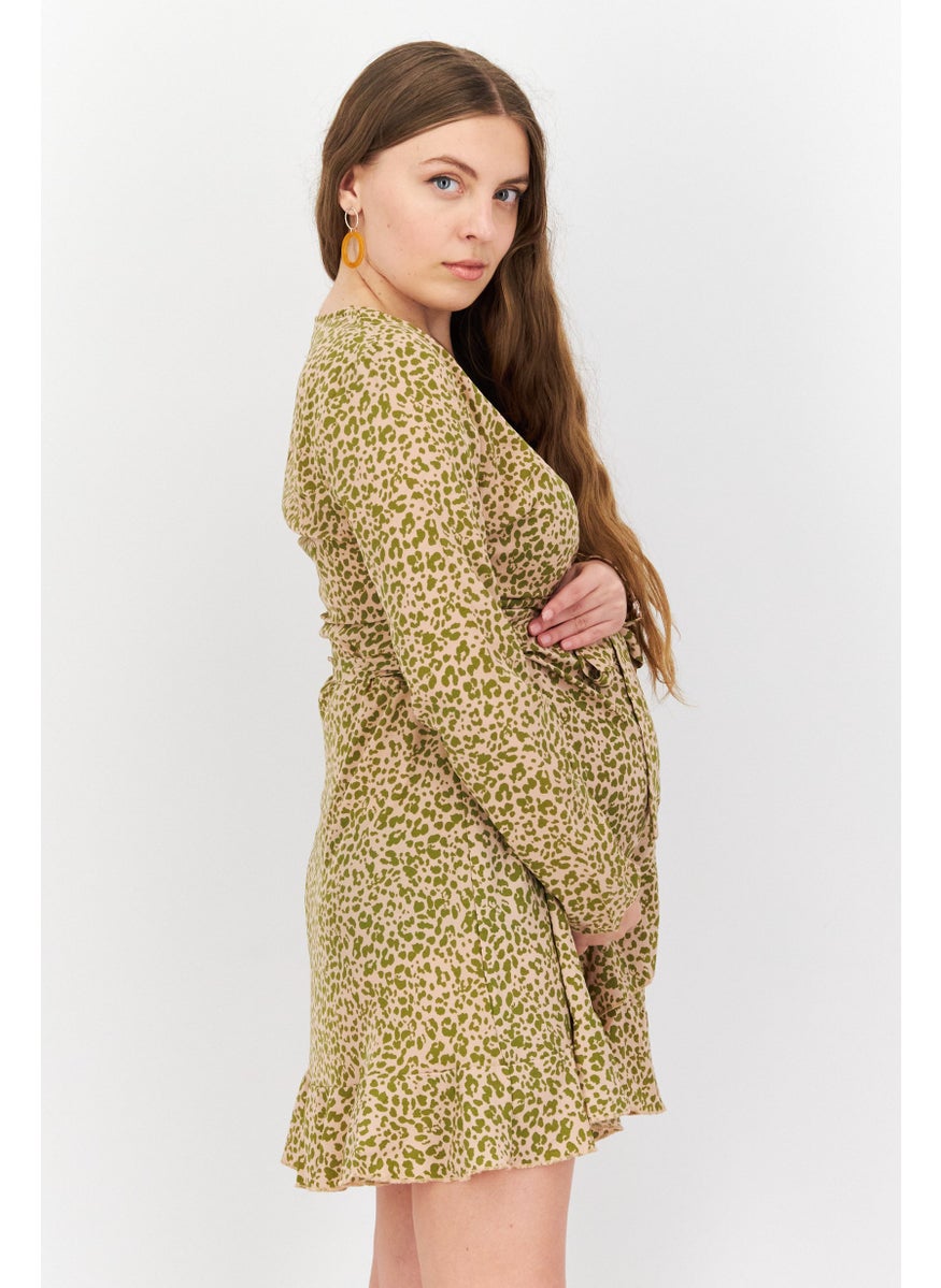 Missguided - Maternity Cheetah Print Wrap Ruffle Long Sleeve Mini Dress, Pink/Olive - Image 1