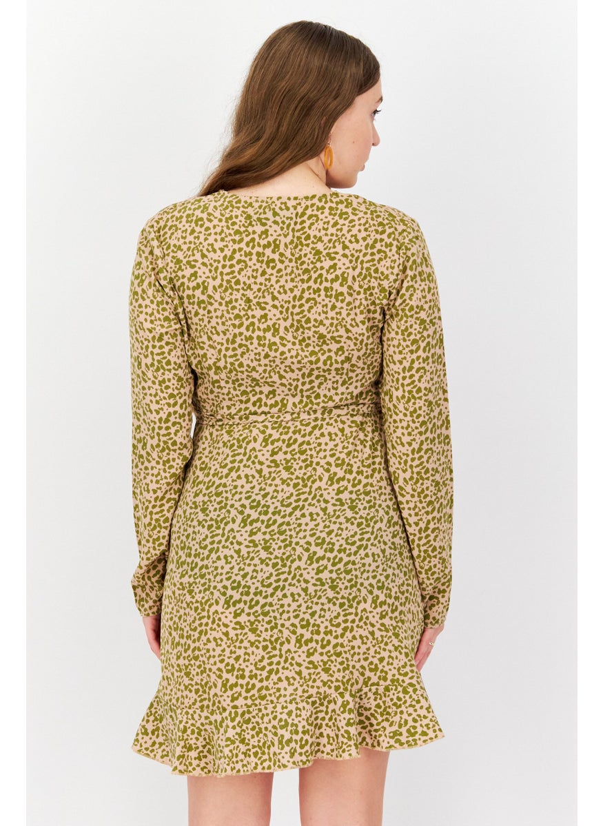 Missguided - Maternity Cheetah Print Wrap Ruffle Long Sleeve Mini Dress, Pink/Olive - Image 1