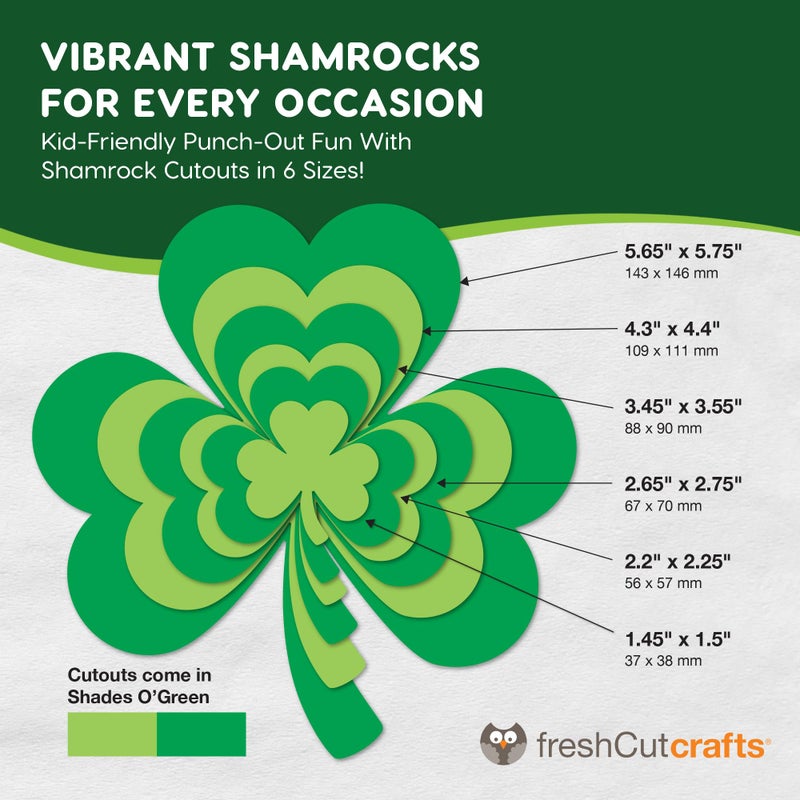 FreshCut Crafts 140 Piece Shamrock Cutouts Set: Pre-Cut Green Irish Clover Shapes for School Supplies, Decorating Themed Events Bulletin Board & St. Patrick's Day Decor, US Made Quality Card Stock - Image 4