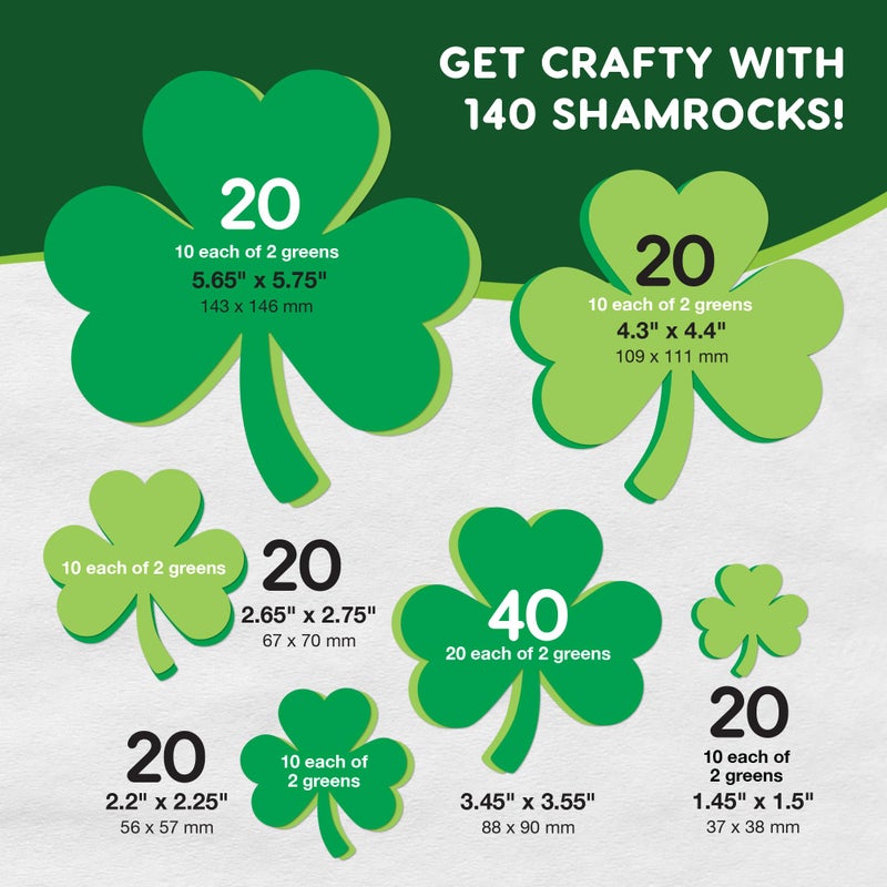 FreshCut Crafts 140 Piece Shamrock Cutouts Set: Pre-Cut Green Irish Clover Shapes for School Supplies, Decorating Themed Events Bulletin Board & St. Patrick's Day Decor, US Made Quality Card Stock - Image 5