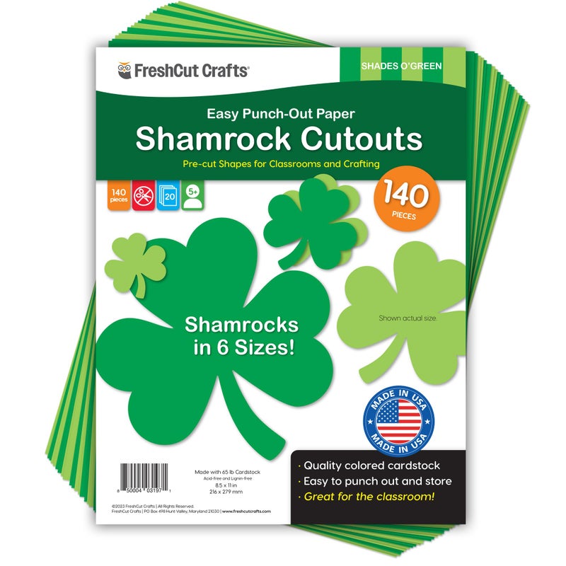 FreshCut Crafts 140 Piece Shamrock Cutouts Set: Pre-Cut Green Irish Clover Shapes for School Supplies, Decorating Themed Events Bulletin Board & St. Patrick's Day Decor, US Made Quality Card Stock - Image 1