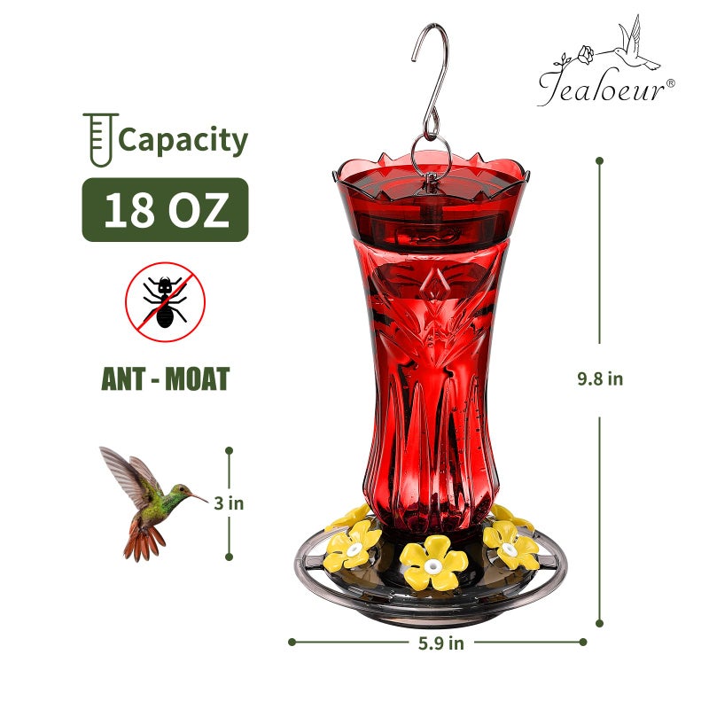 Jealoeur Hummingbird Feeders for Outdoors, Durable Hanging Humming Birds Feeders with 6 Bee Guard Feeding Ports & Built-in Ant Moat, Easy to Clean, Ideal for Garden Decor, 18 OZ, (1, Red) - Image 2