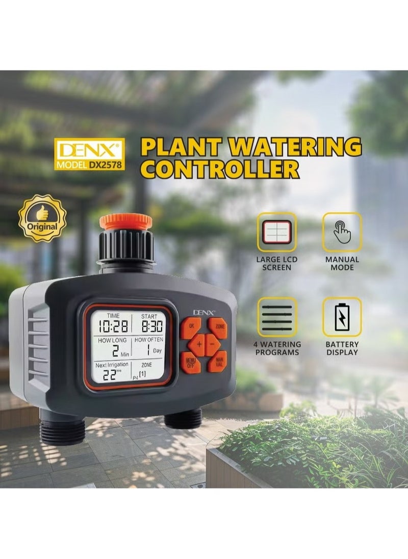 DENX DX2578 plant irrigation controller with large LCD display, four flexible programs, and quick connections