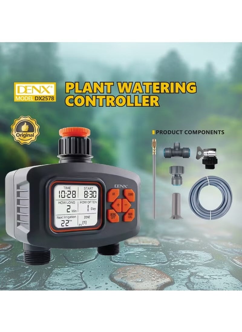 DENX DX2578 plant irrigation controller with large LCD display, four flexible programs, and quick connections