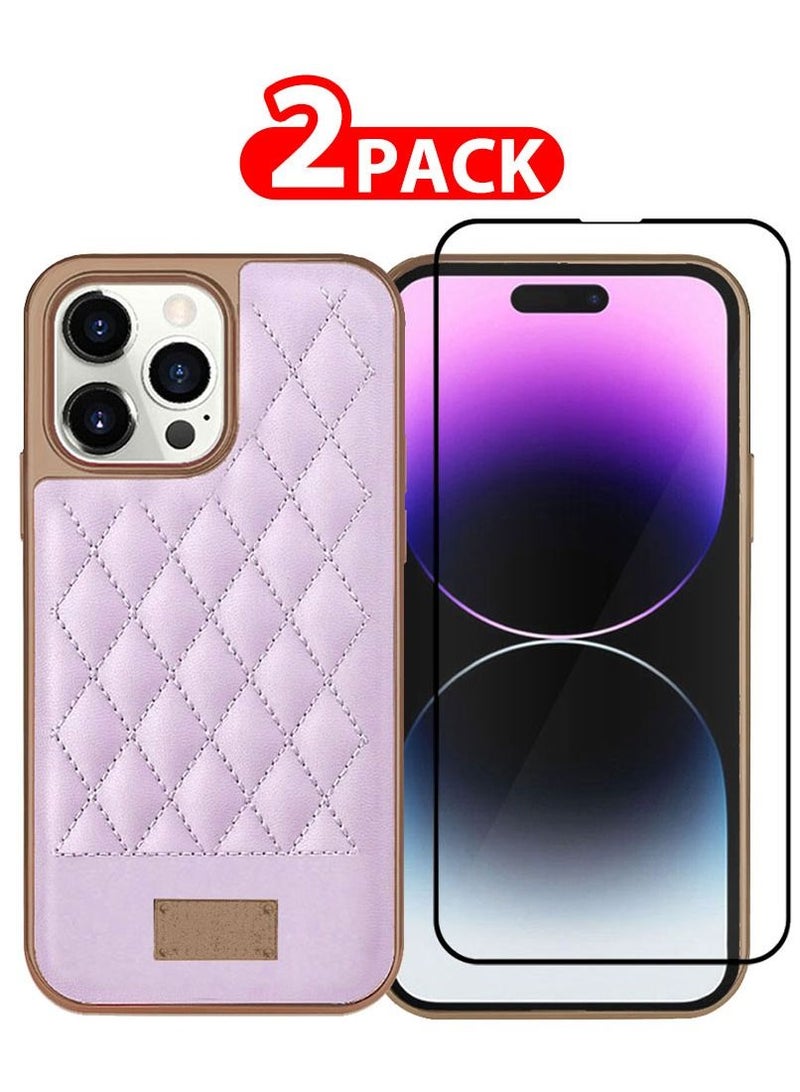 ONEGIF iPhone 13 Pro Max Luxury PU Leather Case and Screen Protector 3D Embroidery Series Heavy Duty Shockproof with Electroplating Frame Leather Girl Mobile Phone Case Purple - Image 1