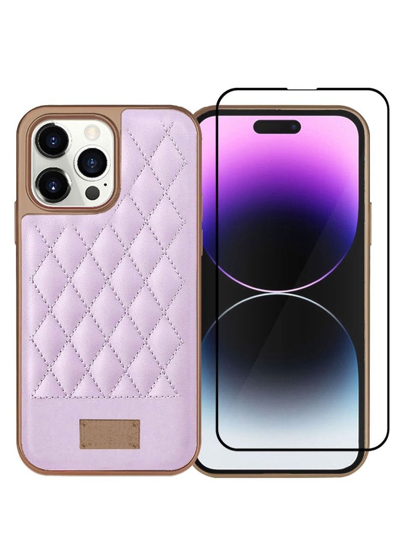ONEGIF iPhone 13 Pro Max Luxury PU Leather Case and Screen Protector 3D Embroidery Series Heavy Duty Shockproof with Electroplating Frame Leather Girl Mobile Phone Case Purple - Image 2
