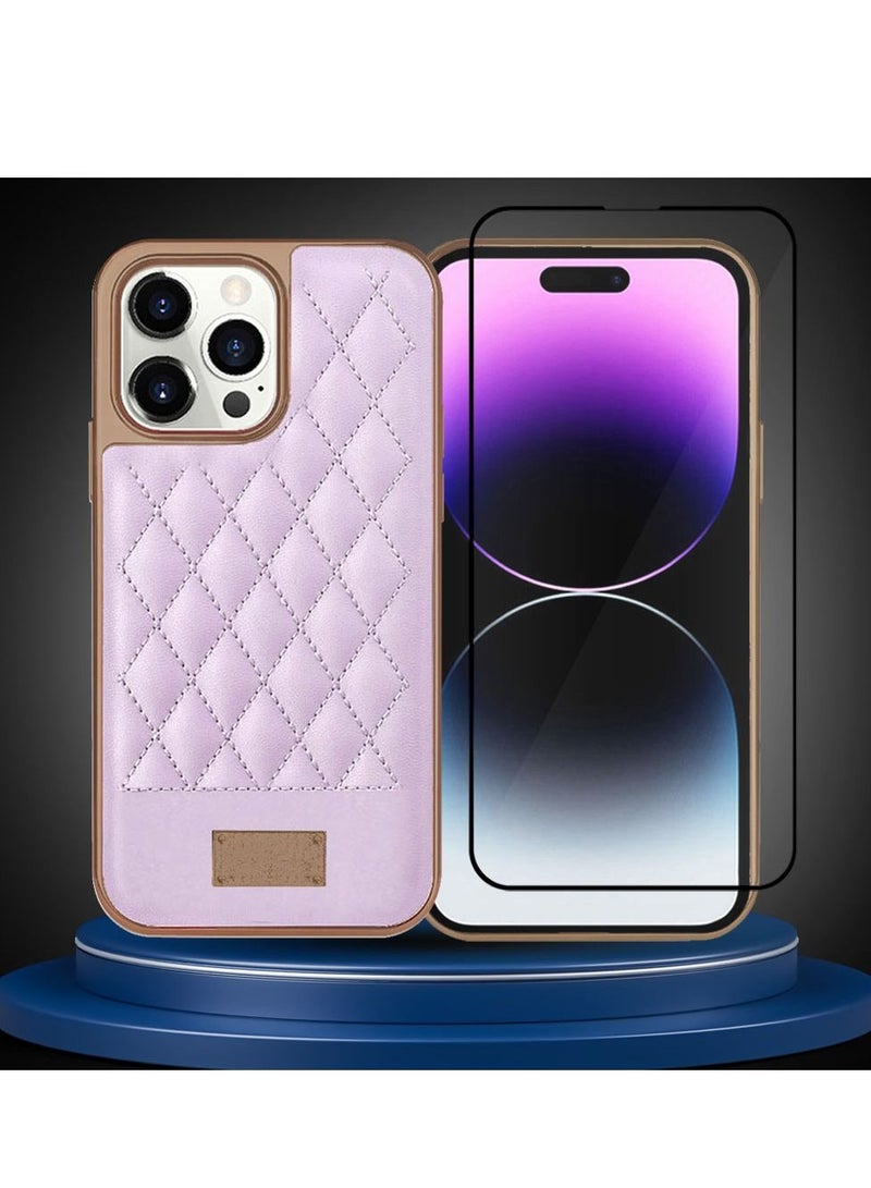 ONEGIF iPhone 13 Pro Max Luxury PU Leather Case and Screen Protector 3D Embroidery Series Heavy Duty Shockproof with Electroplating Frame Leather Girl Mobile Phone Case Purple - Image 3