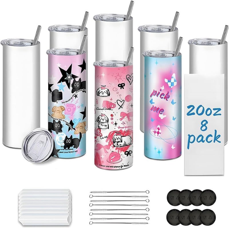 Kocdam 20oz Sublimation Tumblers with Lid and Straw, 8 Pack Stainless Steel Double Wall Insulated Tumblers, Insulated Water Bottle Straight, Polymer Coating for Heat Transfer Customized Gifts - Image 1