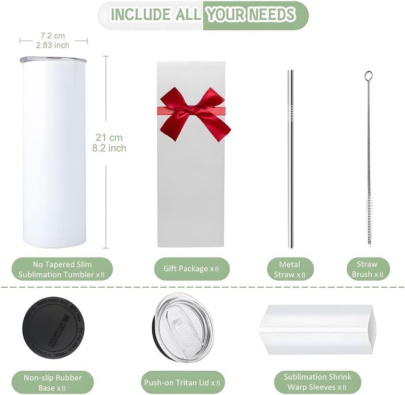 Kocdam 20oz Sublimation Tumblers with Lid and Straw, 8 Pack Stainless Steel Double Wall Insulated Tumblers, Insulated Water Bottle Straight, Polymer Coating for Heat Transfer Customized Gifts - Image 2
