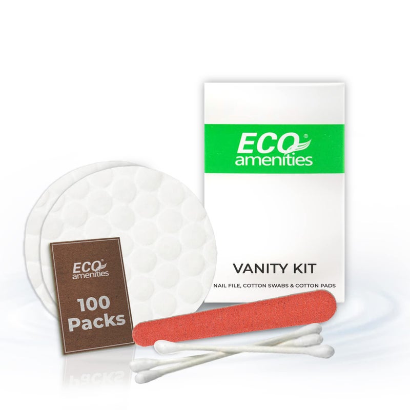 ECO amenities Cotton Rounds Travel Set - Individually Wrapped Cotton Swabs - Disposable Nail File Kit - Bulk Hotel Vanity Kit - 500-Piece Set, White - Image 1