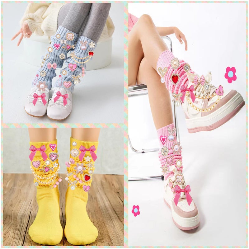 RoedCuoo 97Pcs Junk Socks Charms Kit, Brooches and Pins for Women, ShoeCharms with Bows,Shoe Charms for Sneakers,Sneakers DIY Kit with Pearls Rhinestones Chains,Cute DIY Accessories for Decorating and Personalizing Socks,Hat Clothes - Image 2