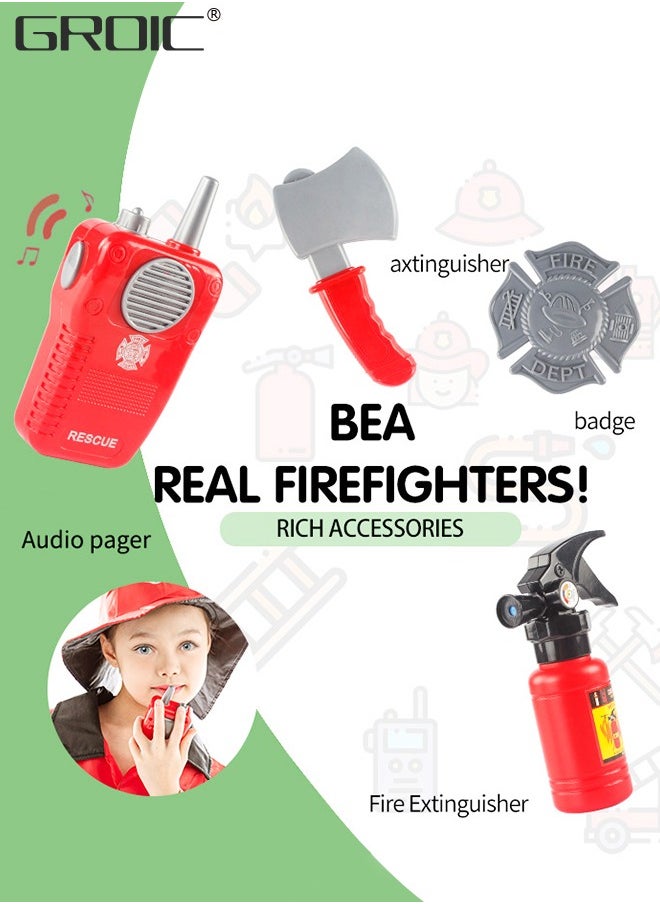 GROIC - 6 PCS Firefighter Costume Role Play Set, Kids Fireman Dress up with Red Fireman Hat and Vest Toy Tools, Fireman Career Outfit Pretend Role Play Toys, Party Educational Gift Toy Set - Image 1