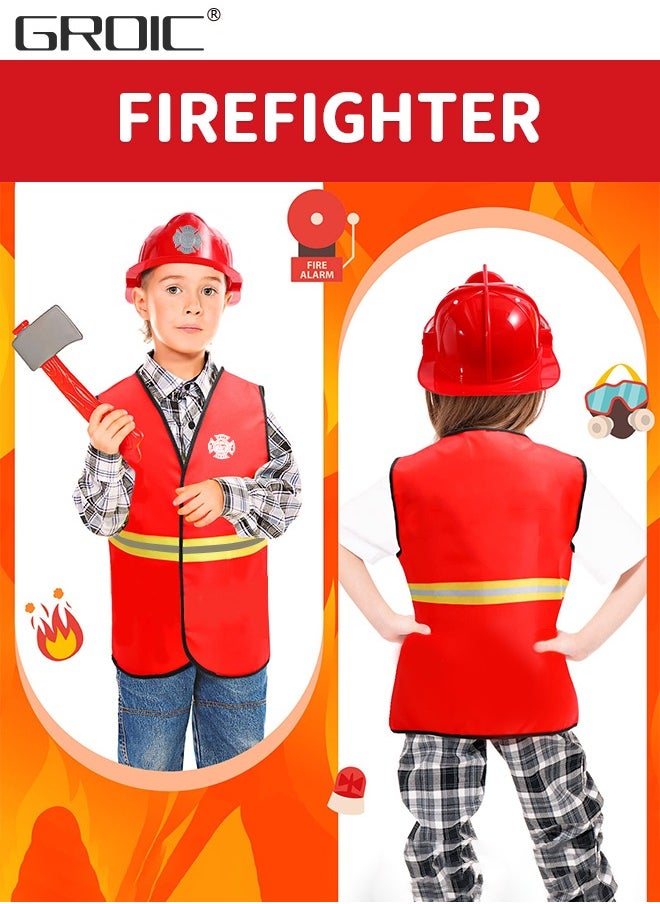 GROIC - 6 PCS Firefighter Costume Role Play Set, Kids Fireman Dress up with Red Fireman Hat and Vest Toy Tools, Fireman Career Outfit Pretend Role Play Toys, Party Educational Gift Toy Set - Image 1