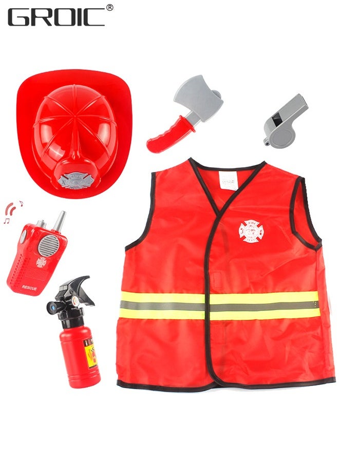 GROIC - 6 PCS Firefighter Costume Role Play Set, Kids Fireman Dress up with Red Fireman Hat and Vest Toy Tools, Fireman Career Outfit Pretend Role Play Toys, Party Educational Gift Toy Set - Image 1