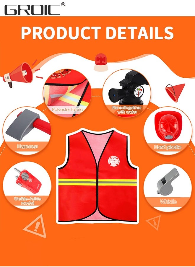 GROIC - 6 PCS Firefighter Costume Role Play Set, Kids Fireman Dress up with Red Fireman Hat and Vest Toy Tools, Fireman Career Outfit Pretend Role Play Toys, Party Educational Gift Toy Set - Image 1