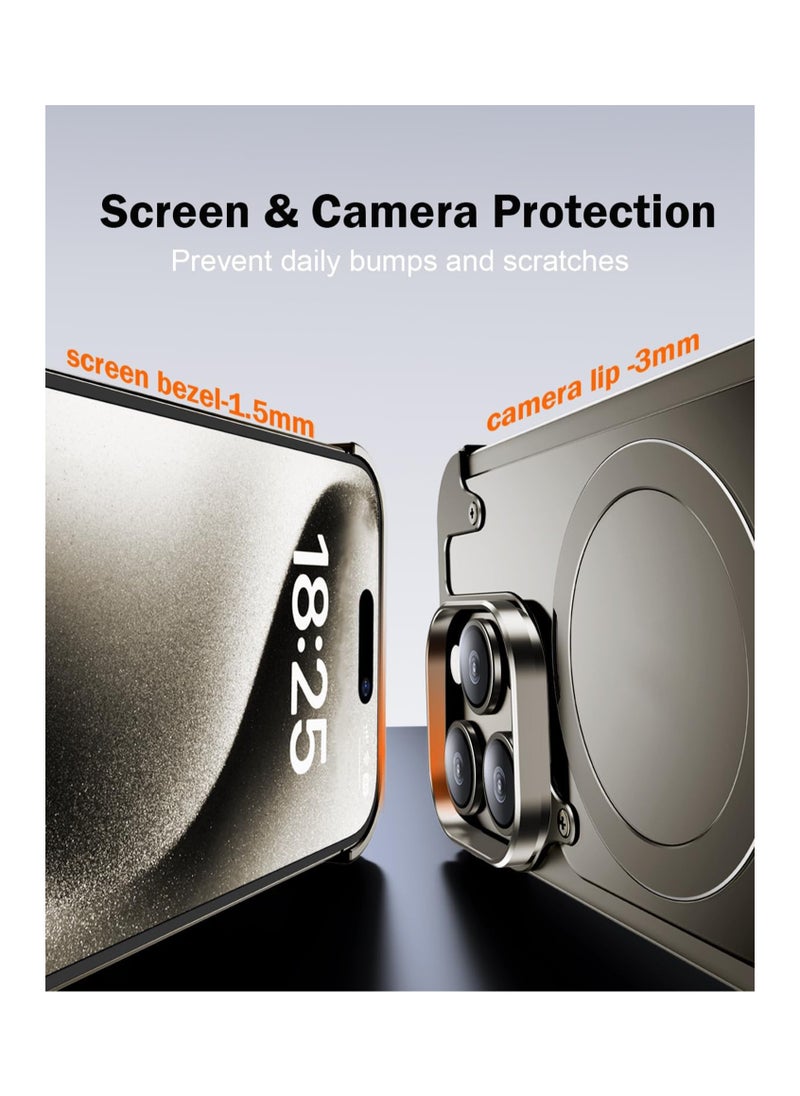 Metal Frameless Case for iPhone 15 Promax with Magsafe Kickstand [Screen Protector], Slim Hard Shockproof Thin for iPhone 15 Pro Max Case with Ring Holder Invisible Stand, Natural Titanium