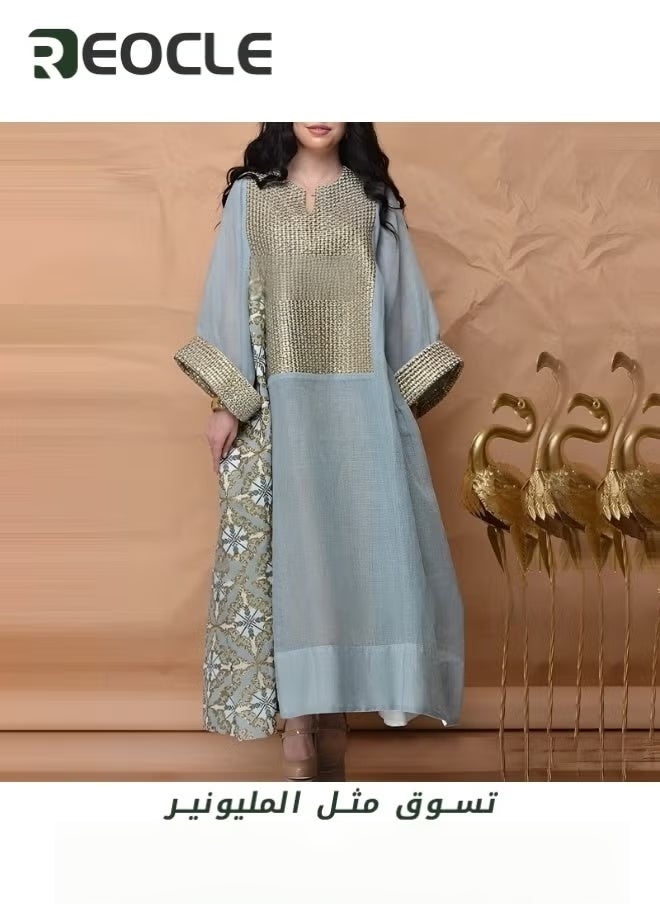 REOCLE Dress Spring and Summer New Women's Printed Breathable Long-sleeved Loose Dress Middle Eastern Robe  - Image 3