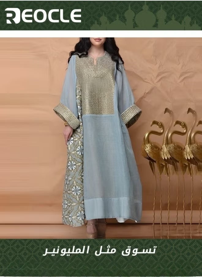 REOCLE Dress Spring and Summer New Women's Printed Breathable Long-sleeved Loose Dress Middle Eastern Robe  - Image 1