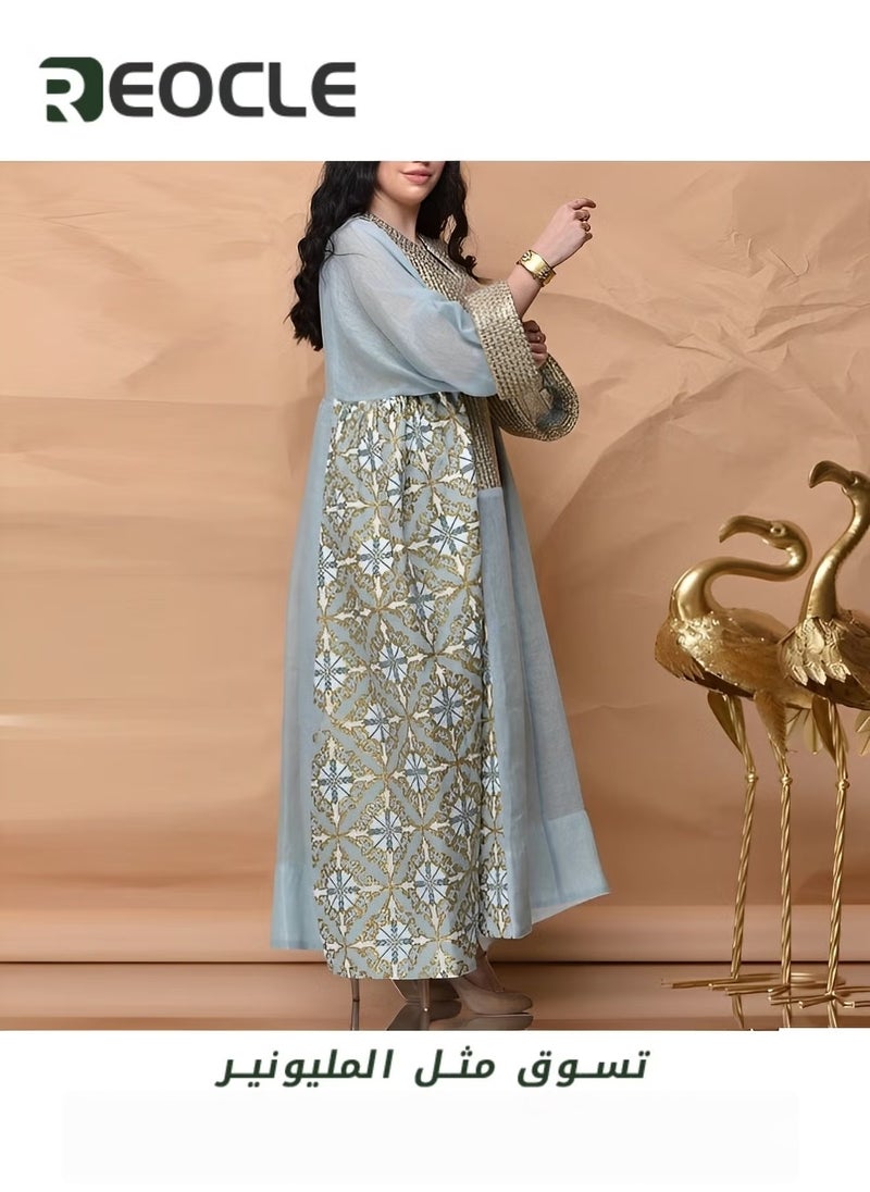 REOCLE Dress Spring and Summer New Women's Printed Breathable Long-sleeved Loose Dress Middle Eastern Robe  - Image 2