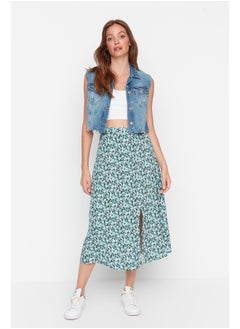 Green Slit Detail Floral Patterned Viscose Woven Midi Skirt TWOSS20ET0230