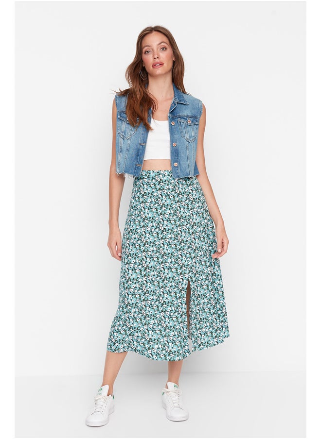 trendyol - Green Slit Detail Floral Patterned Viscose Woven Midi Skirt TWOSS20ET0230 - Image 1