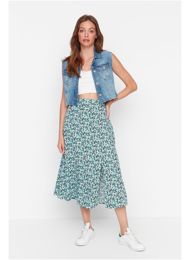 trendyol - Green Slit Detail Floral Patterned Viscose Woven Midi Skirt TWOSS20ET0230 - Image 1