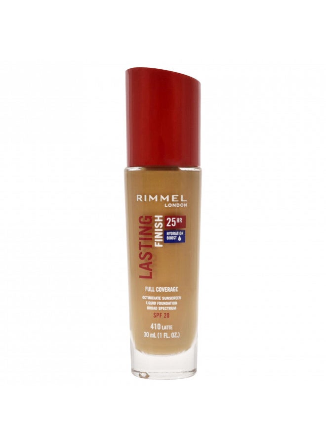 Rimmel London Lasting Finish 25HR - 410 Latte - Foundation, 25-Hour Wear, Full Coverage, Waterproof, 1oz