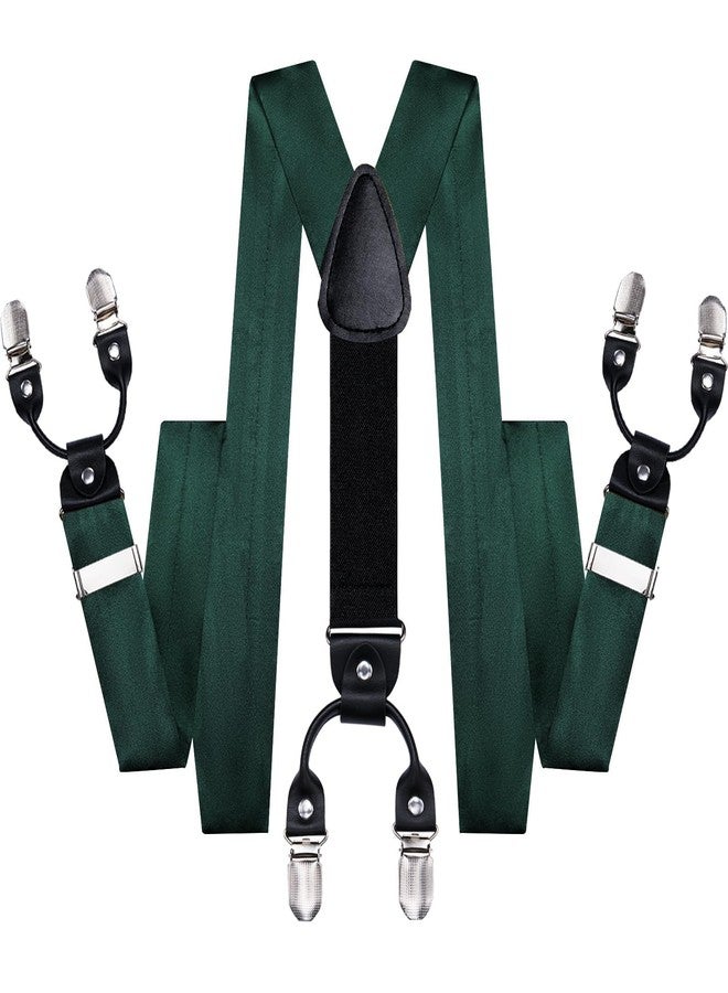 Hi-Tie Dark Green Satin Suspender for Men Suspenders Pre-tied Bow Tie Set Pocket Square Cufflinks Adjustable Y Shape 6 Clips Braces Tuxedo - Image 4